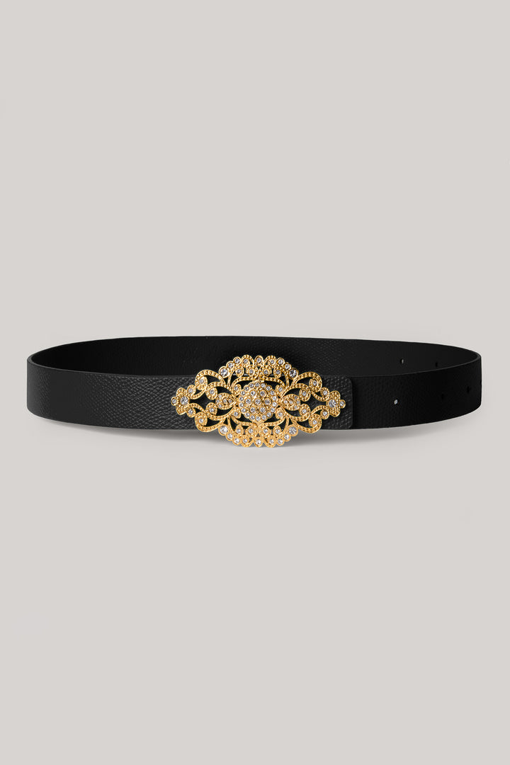 Baroque Saffiano Black Leather Waist Belt With Gold Buckle