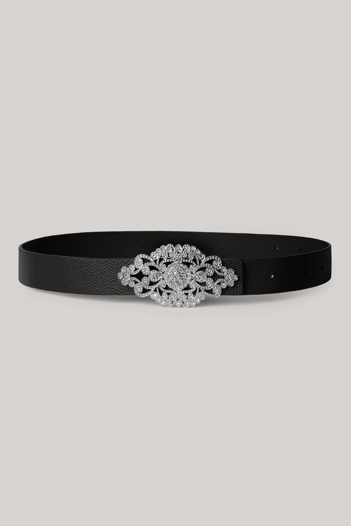 Baroque Saffiano Black Leather Waist Belt With Silver Buckle