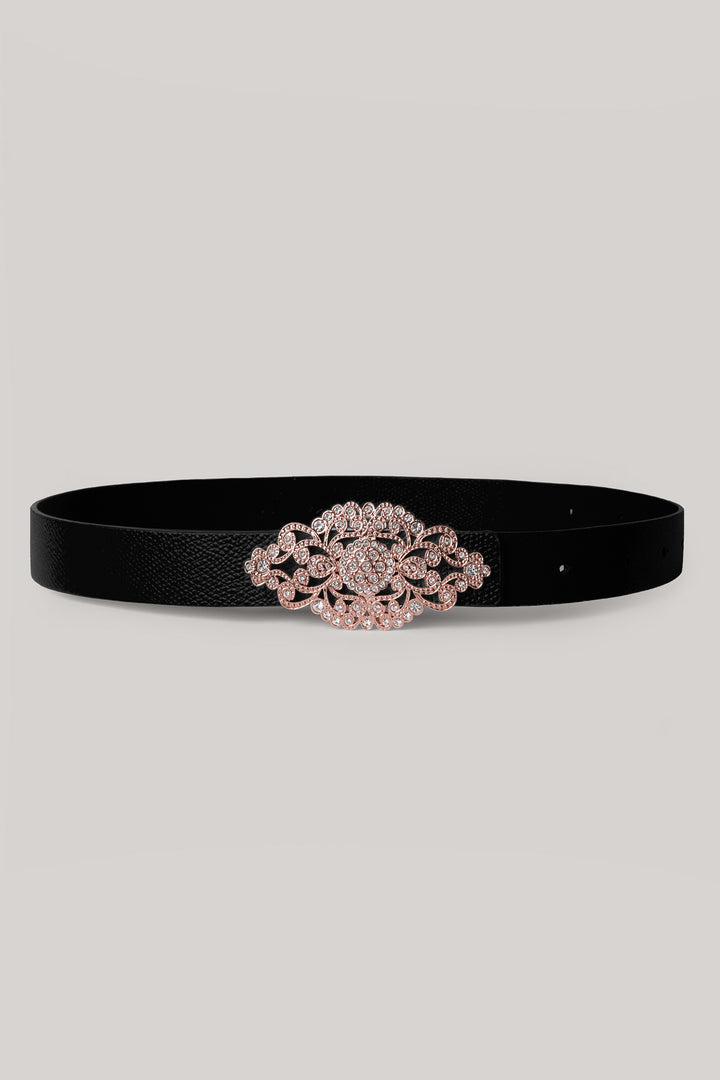 Baroque Saffiano Black Leather Waist Belt With Rose-Gold Buckle