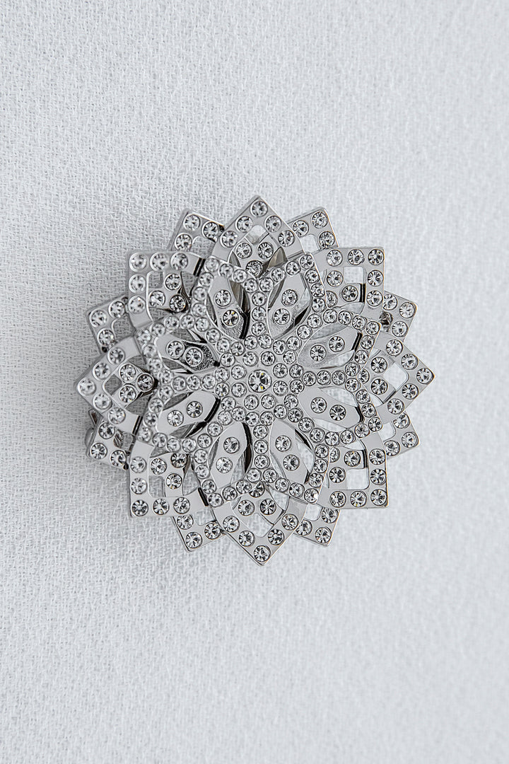 Lotus Brooch - Silver With Crystals