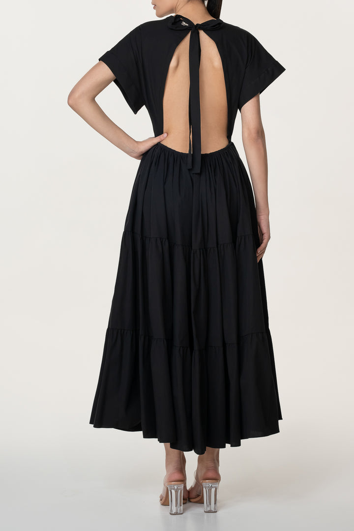 Joy Open Back Cotton Dress In Black