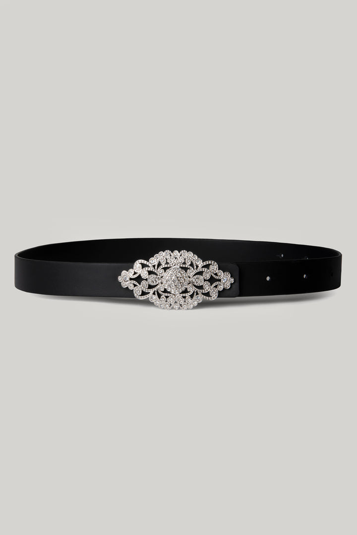 Baroque Matte Black Leather Waist Belt With Silver Buckle