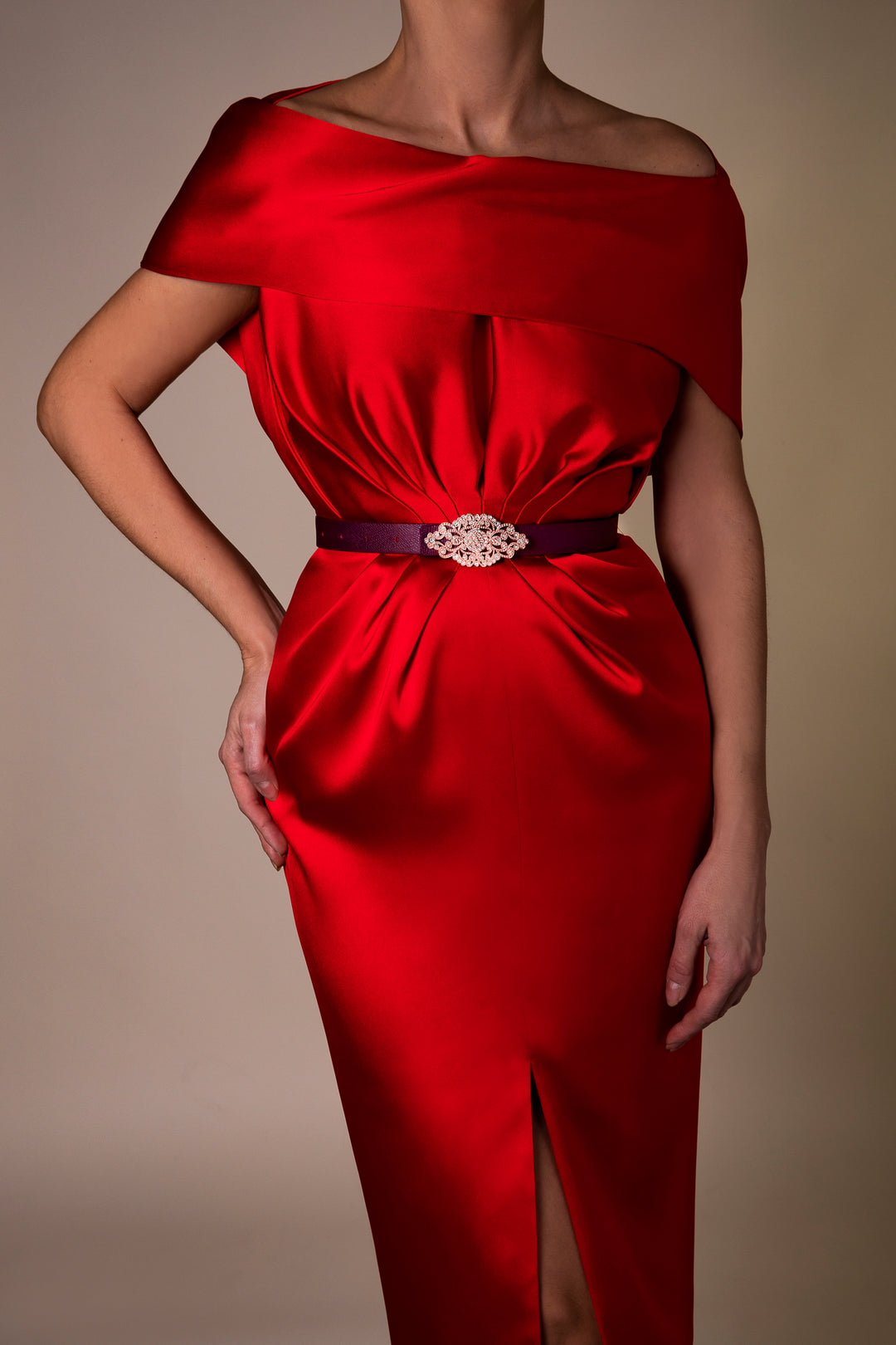 Baroque Burgundy Leather Waist Belt With Rose-Gold Buckle