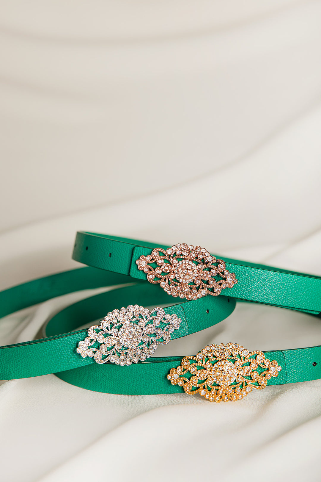 Baroque Emerald Leather Waist Belt With Silver Buckle