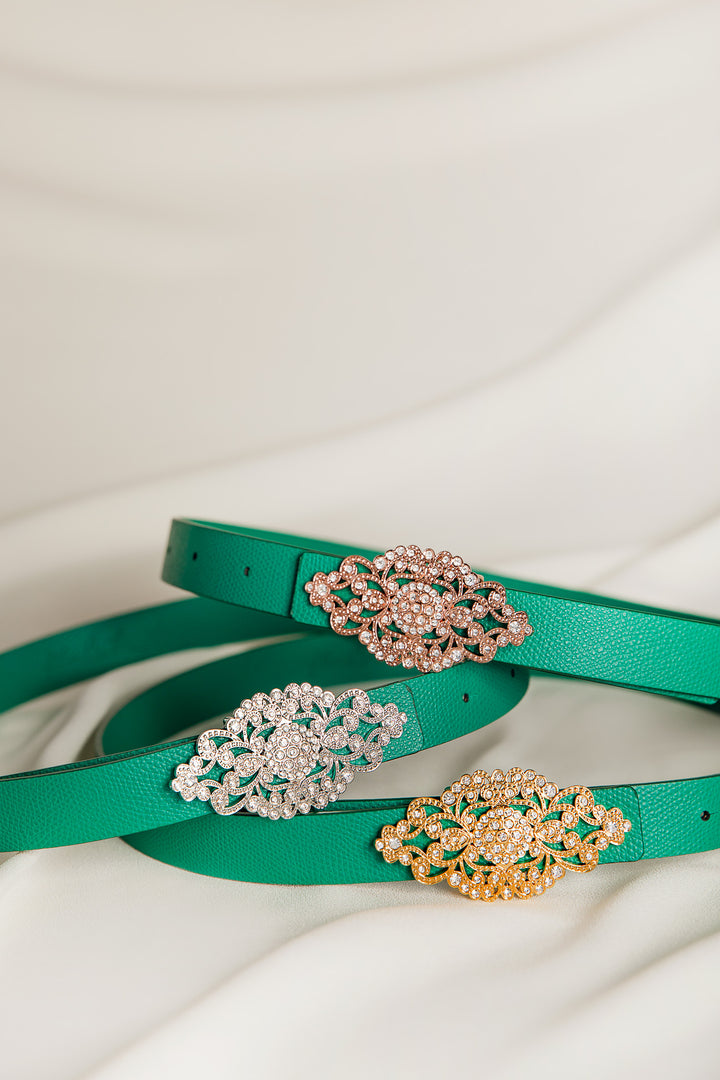 Baroque Emerald Leather Waist Belt With Silver Buckle