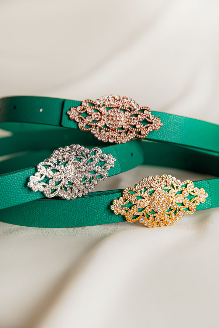 Baroque Emerald Leather Waist Belt With Silver Buckle