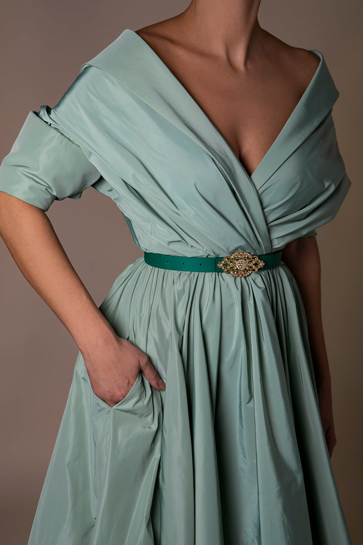 Baroque Emerald Leather Waist Belt With Gold Buckle