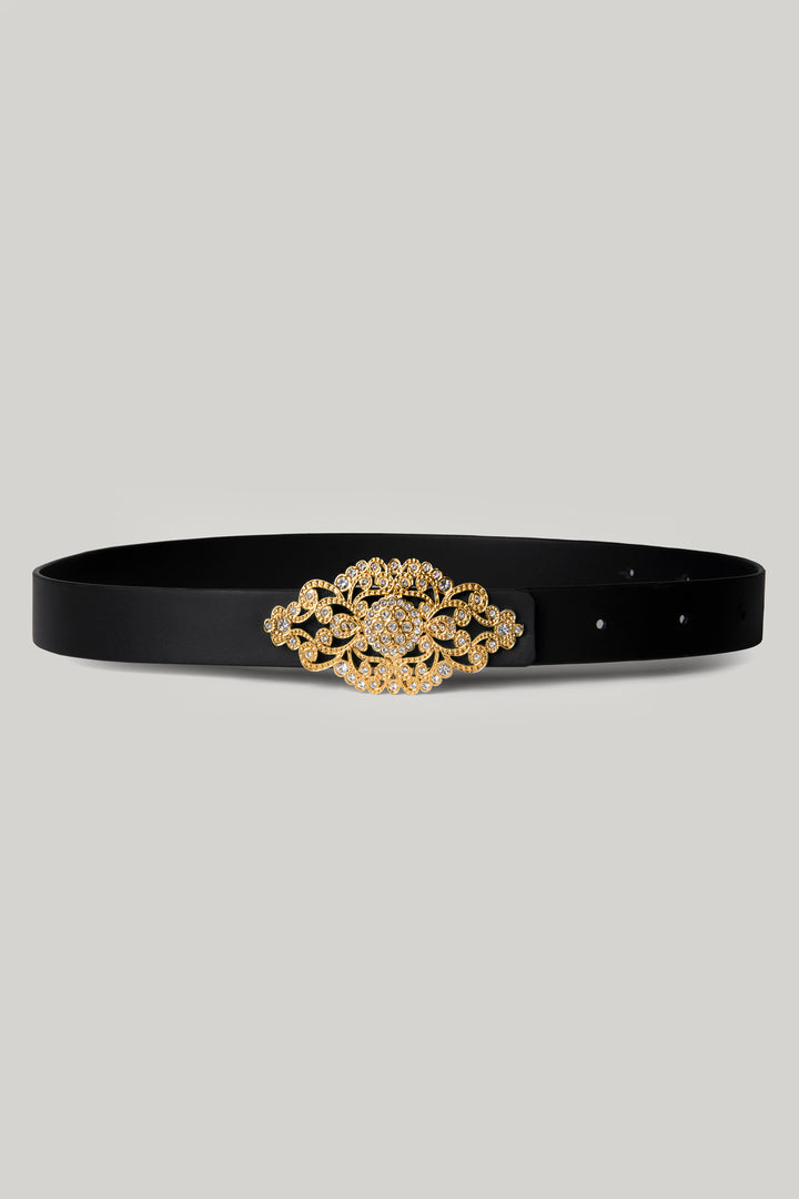 Baroque Matte Black Leather Waist Belt With Gold Buckle