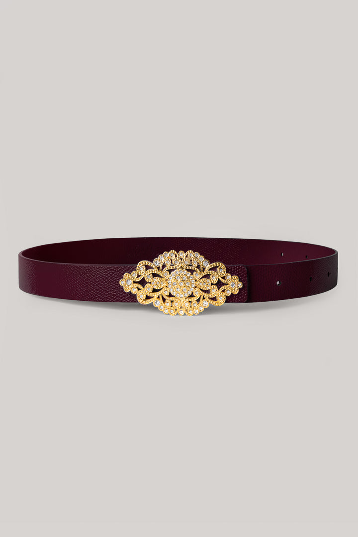 Baroque Burgundy Leather Waist Belt With Gold Buckle