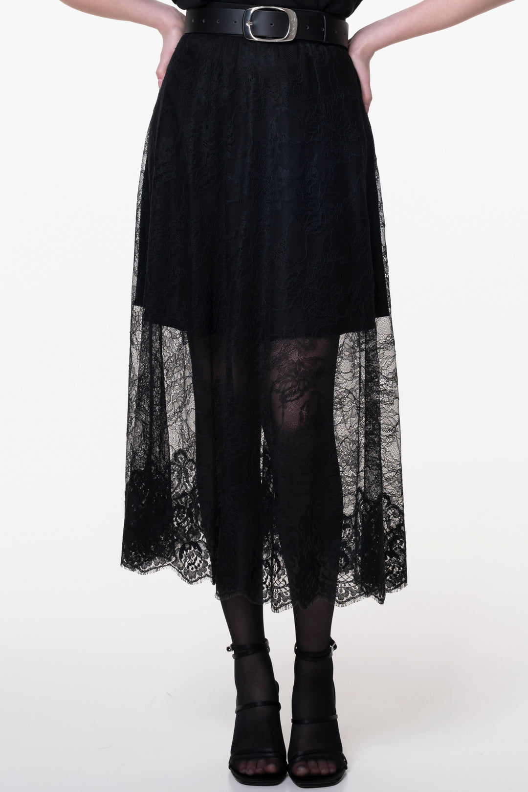 Midi Lace Skirt With Short Underskirt In Black