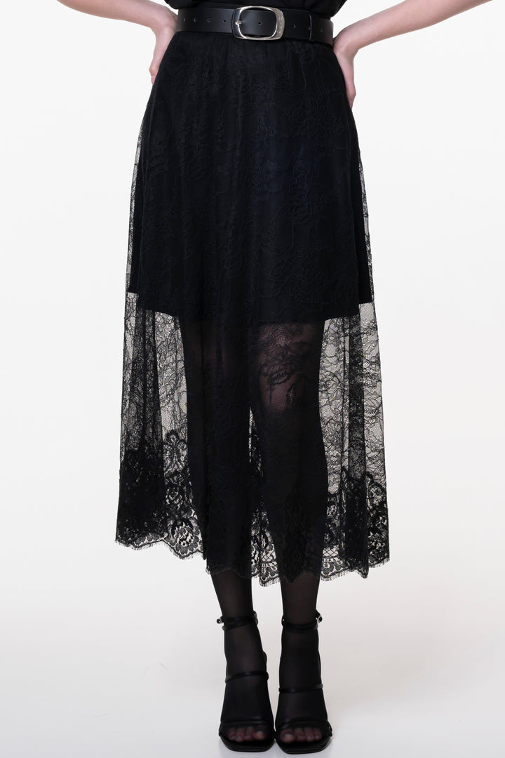 Midi Lace Skirt With Short Underskirt In Black