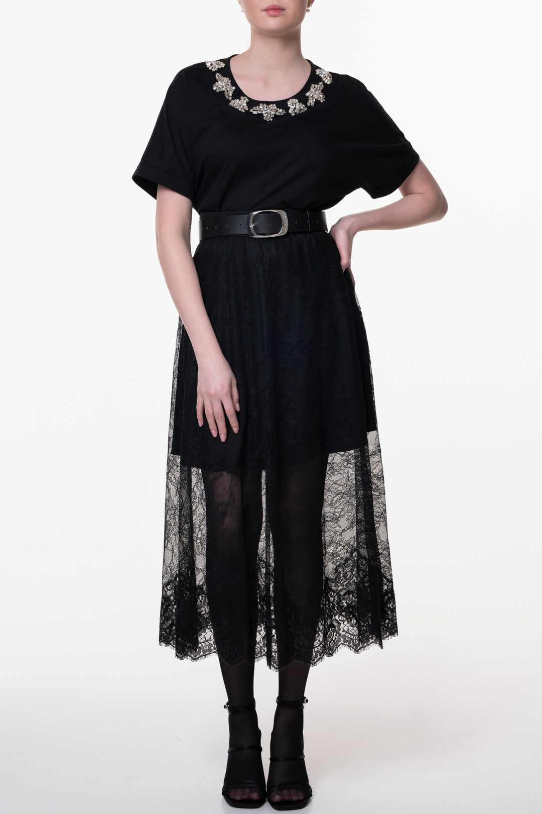 Midi Lace Skirt With Short Underskirt In Black