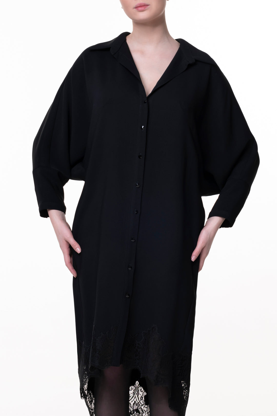 Asy Lace Embroidered Shirt Midi Dress In Black