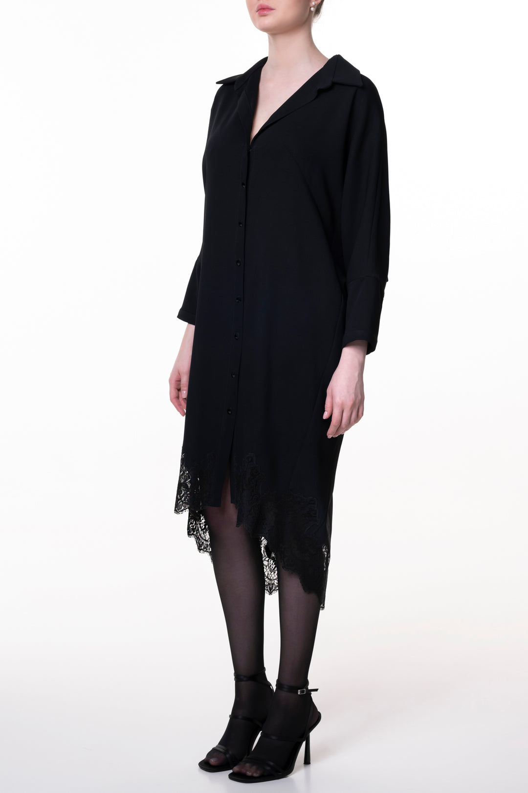Asy Lace Embroidered Shirt Midi Dress In Black