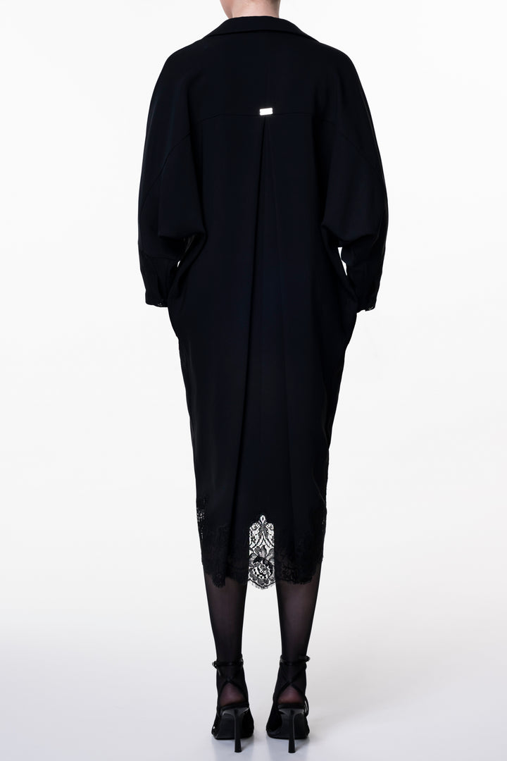 Asy Lace Embroidered Shirt Midi Dress In Black