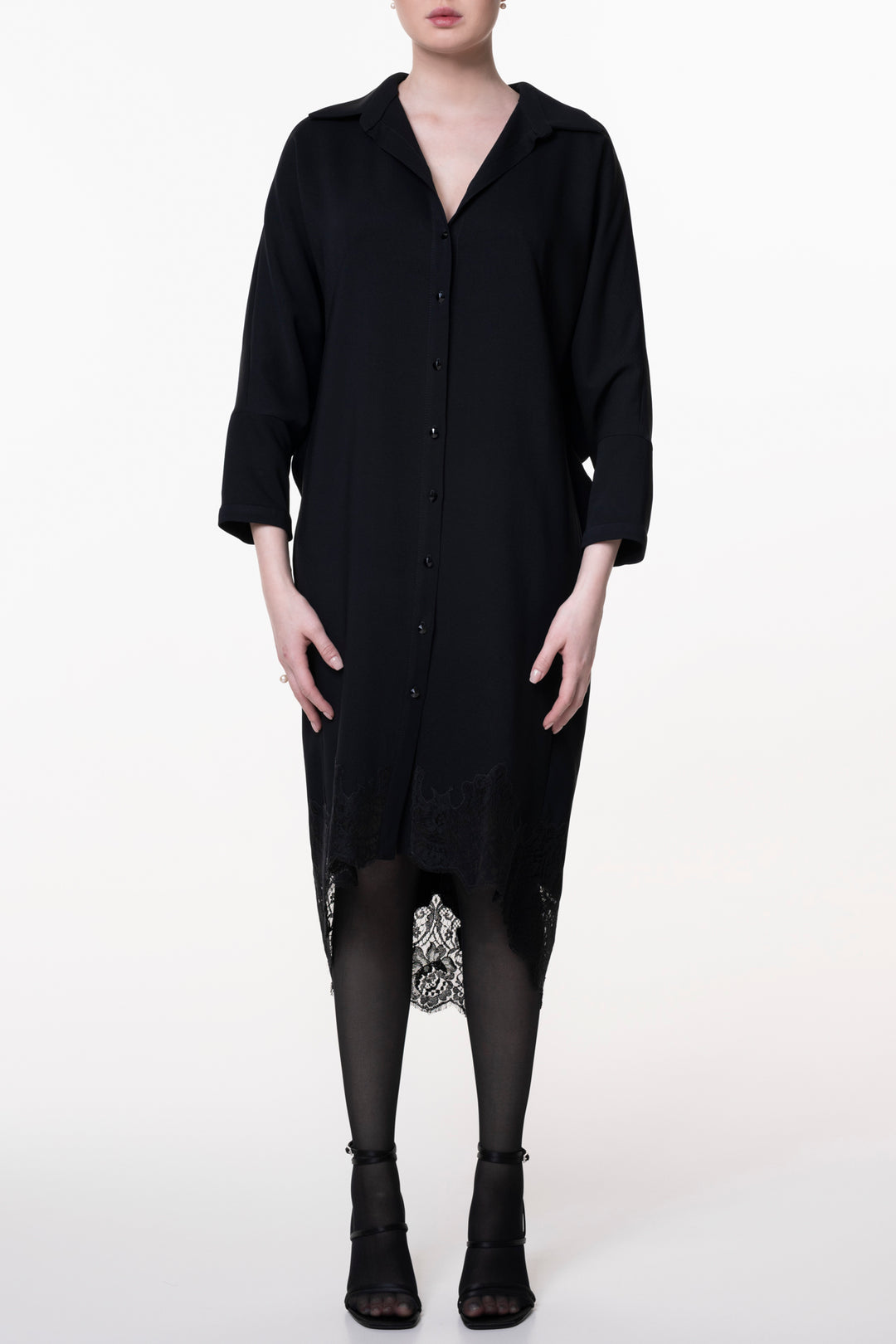 Asy Lace Embroidered Shirt Midi Dress In Black