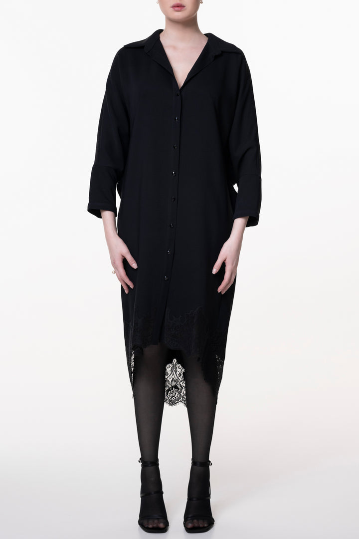 Asy Lace Embroidered Shirt Midi Dress In Black