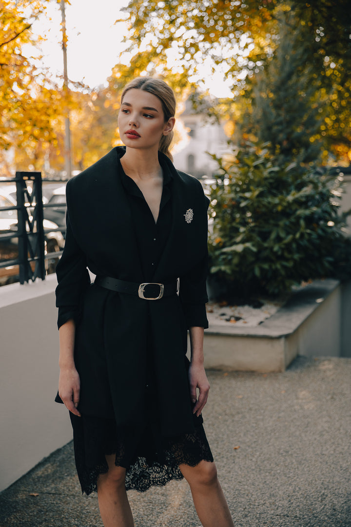 Asy Lace Embroidered Shirt Midi Dress In Black