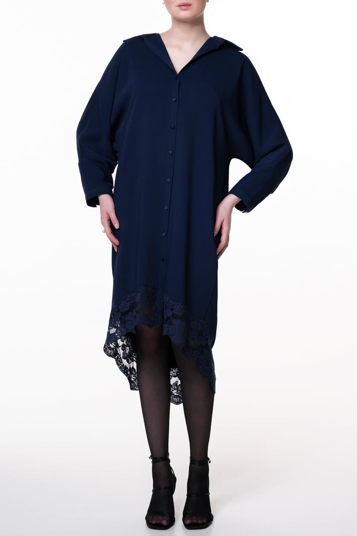 Asy Lace Embroidered Shirt Midi Dress In Midnight-Blue