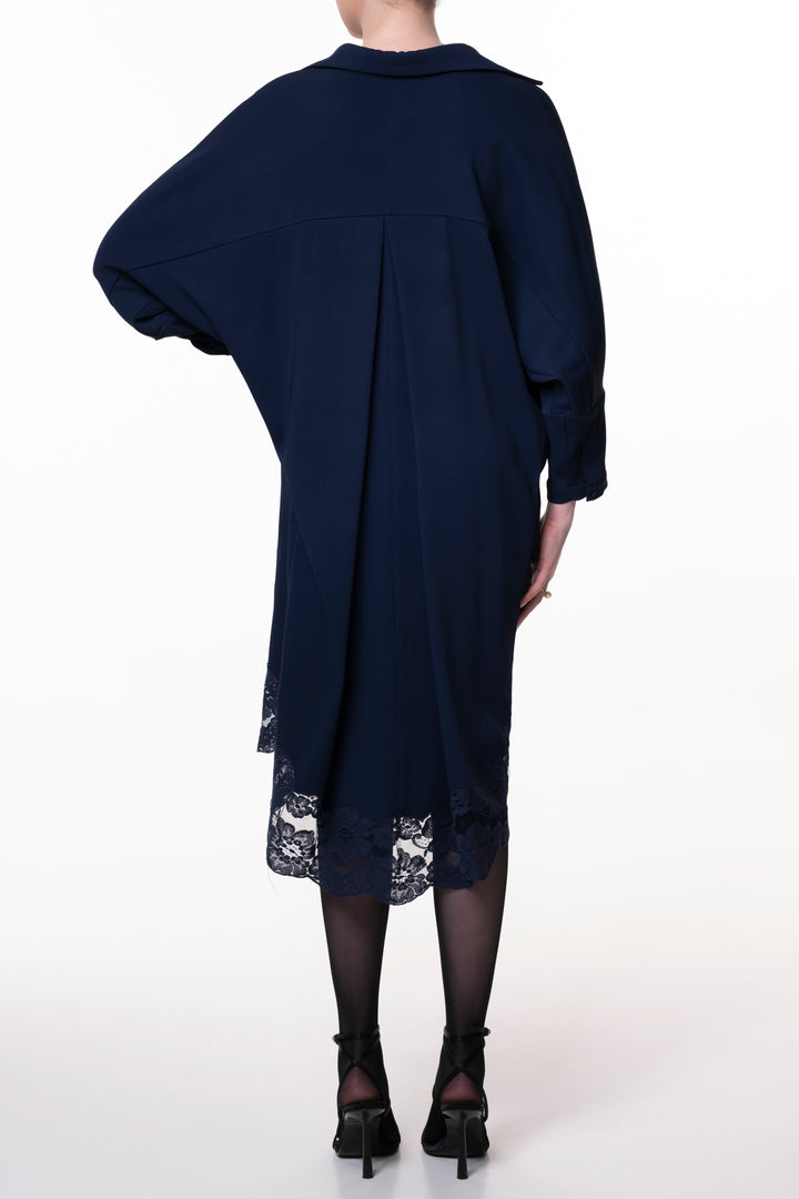 Asy Lace Embroidered Shirt Midi Dress In Midnight-Blue