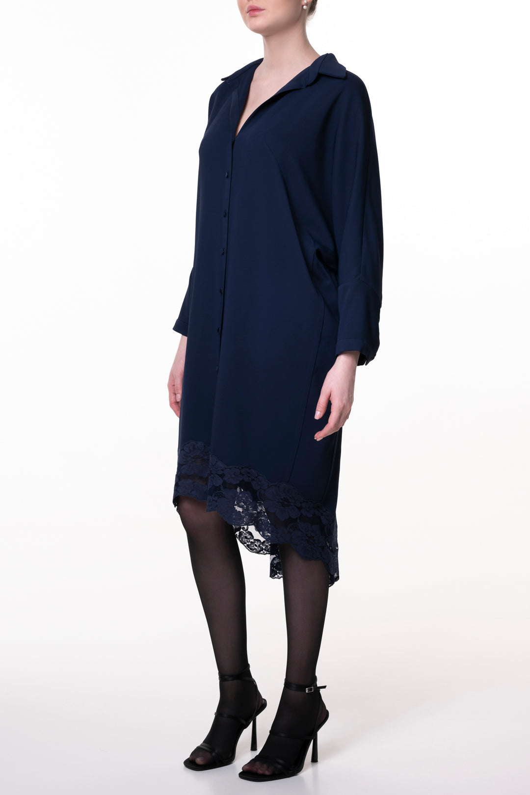 Asy Lace Embroidered Shirt Midi Dress In Midnight-Blue