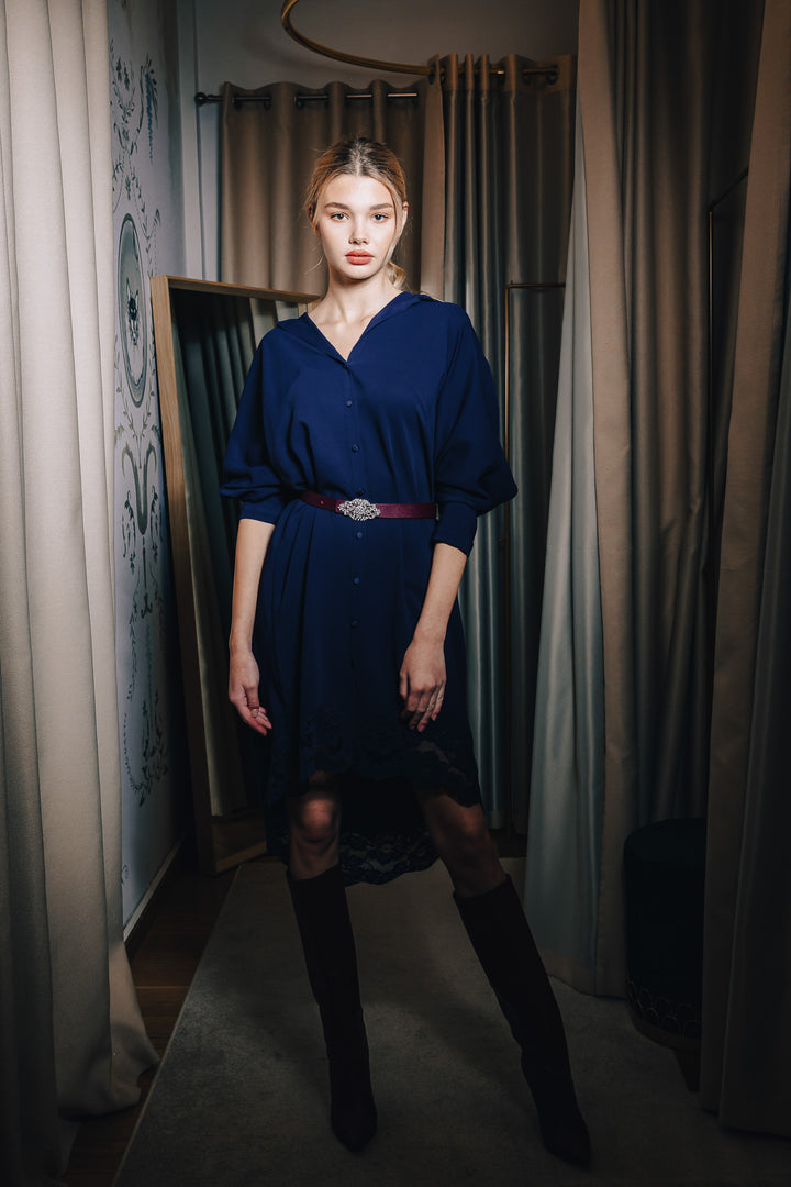 Asy Lace Embroidered Shirt Midi Dress In Midnight-Blue