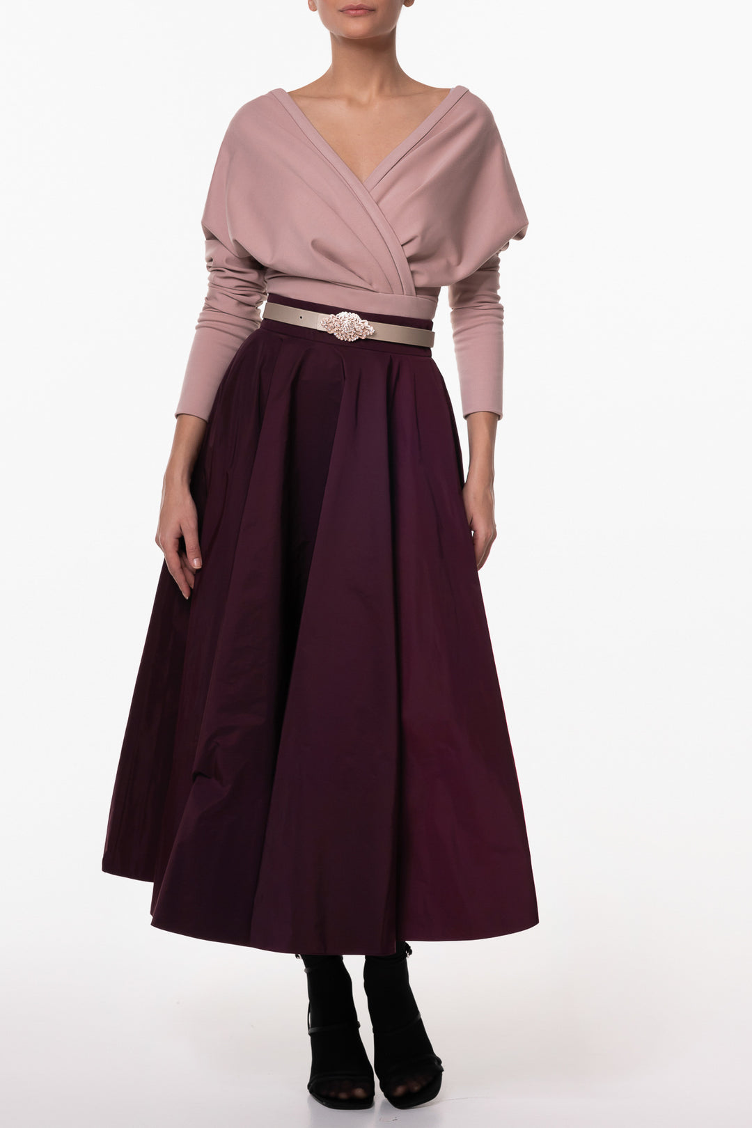 Taffeta Midi Skirt In Burgundy