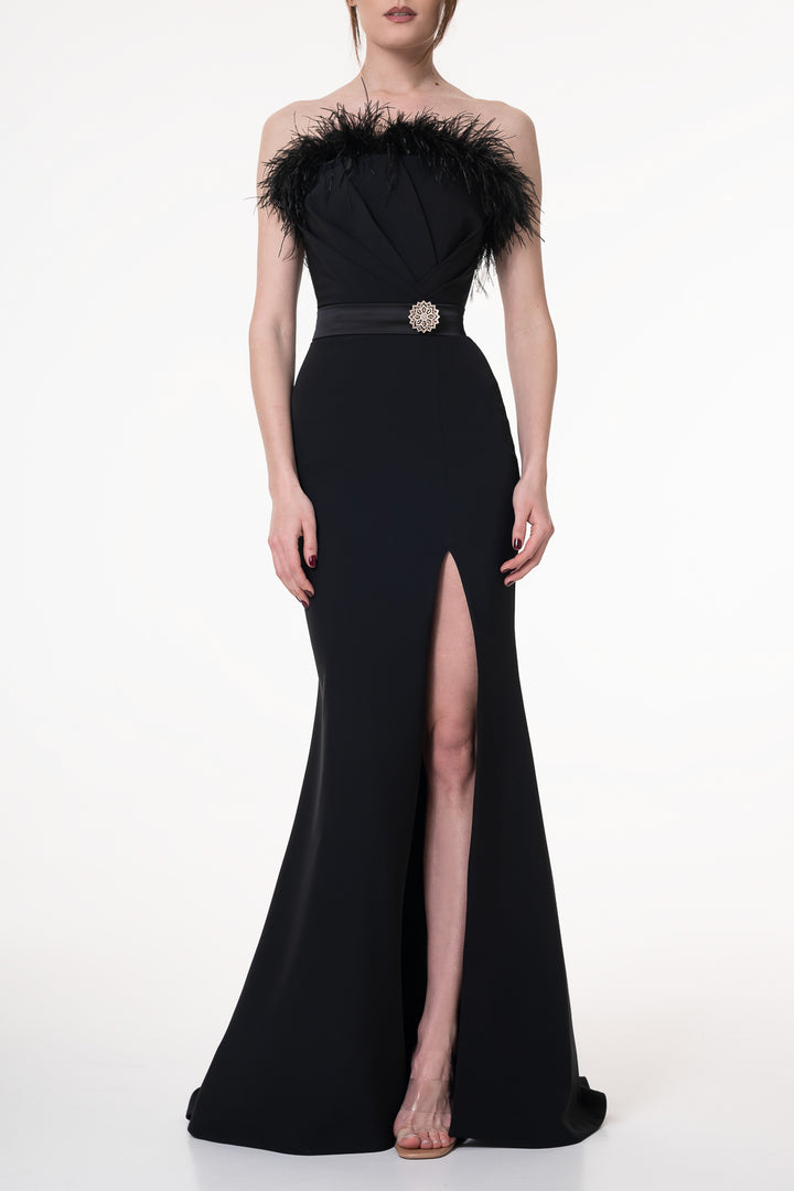 Lucy Feather Trimmed Crepe Dress In Black