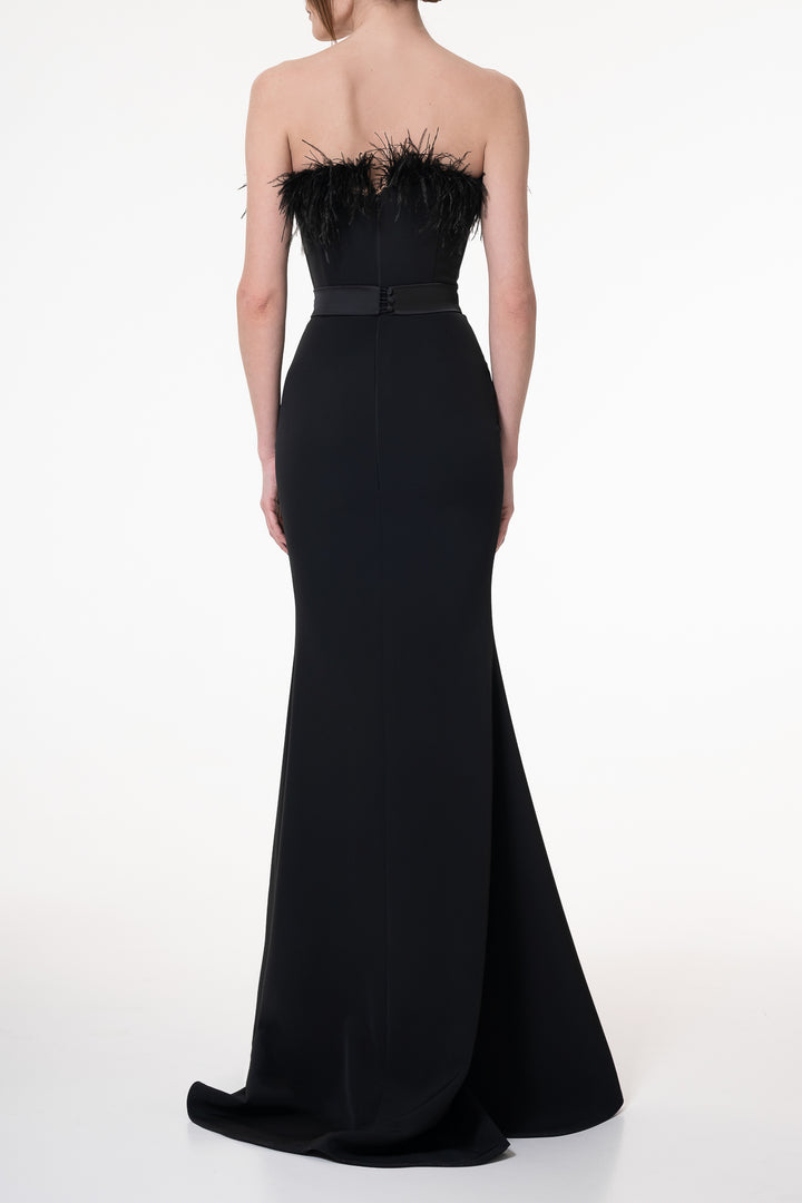Lucy Feather Trimmed Crepe Dress In Black