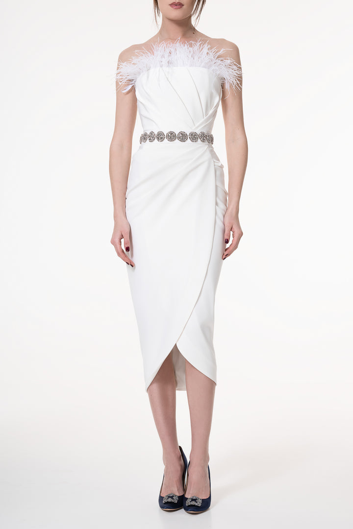 Raisa Feather-Trimmed Midi Crepe Dress In Ivory