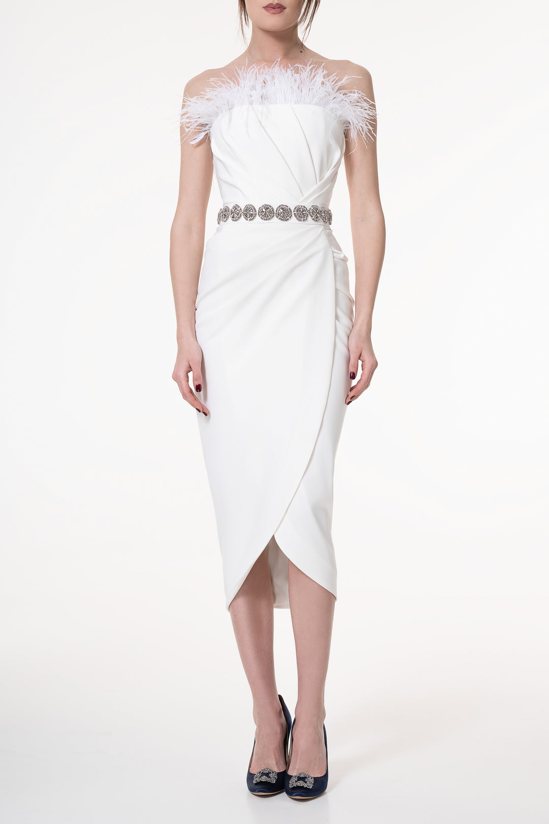 Raisa Feather-Trimmed Midi Crepe Dress In Ivory
