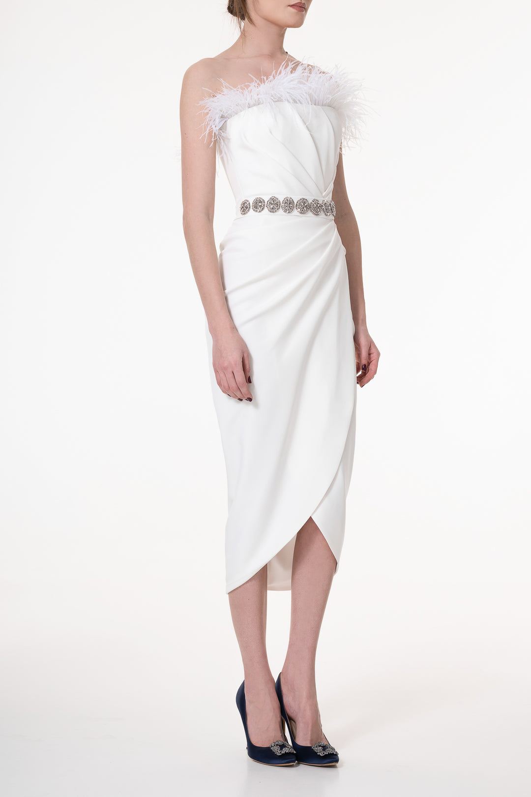 Raisa Feather-Trimmed Midi Crepe Dress In Ivory