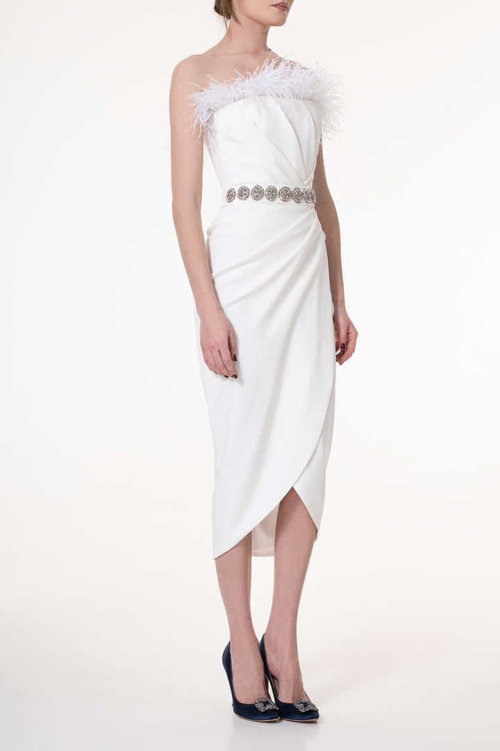 Raisa Feather-Trimmed Midi Crepe Dress In Ivory