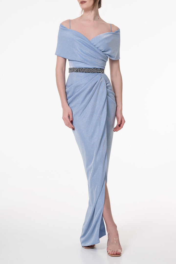 Levana Glitter Jersey Long Dress In Celeste