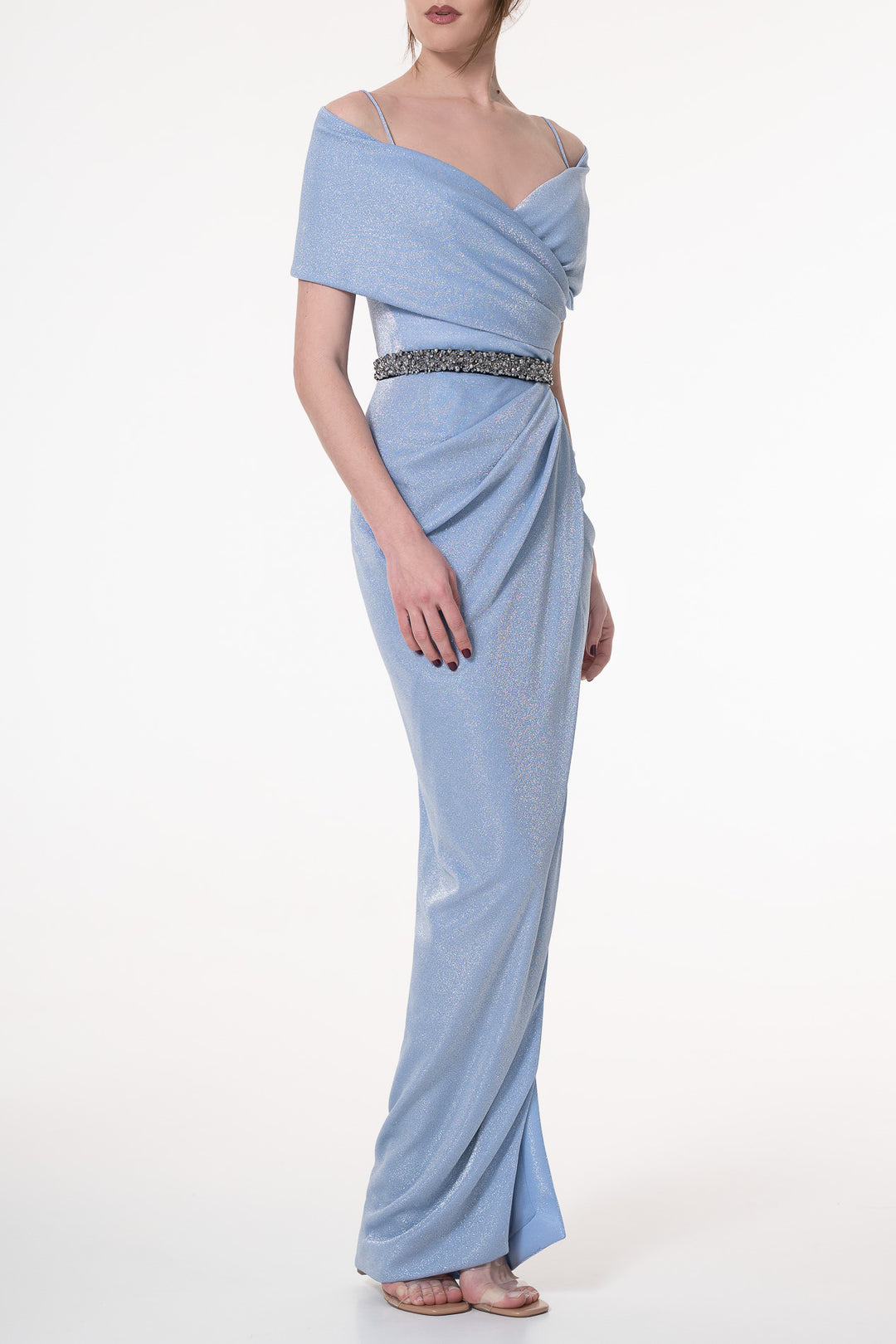 Levana Glitter Jersey Long Dress In Celeste