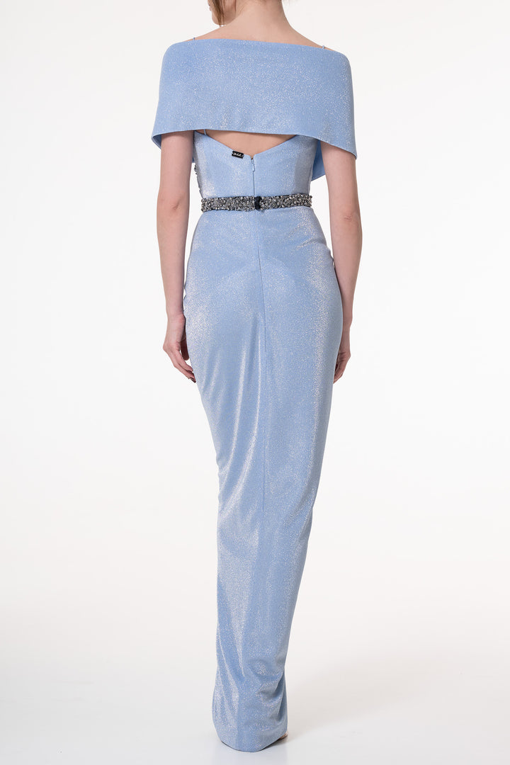 Levana Glitter Jersey Long Dress In Celeste