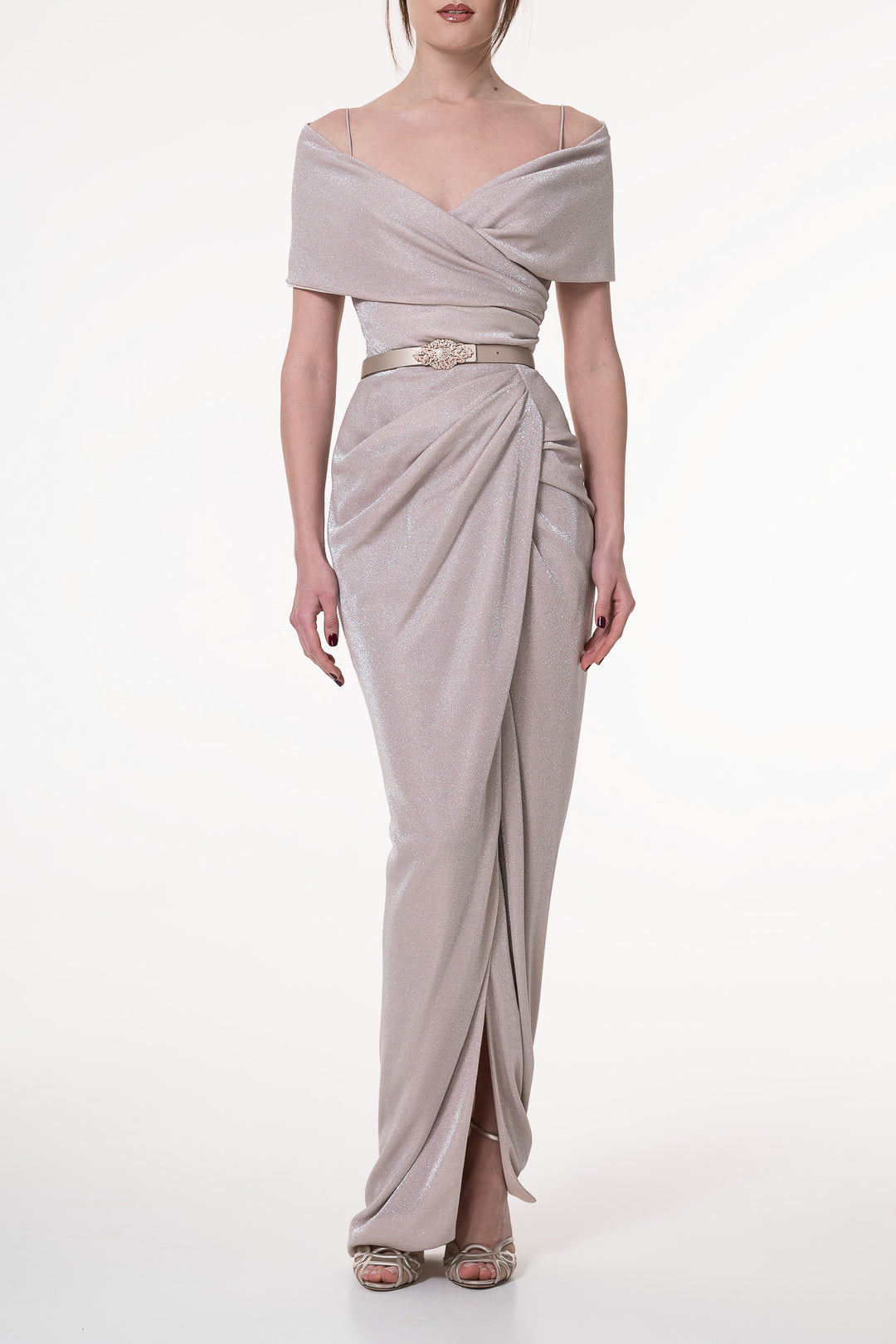 Levana Glitter Jersey Long Dress In Powder