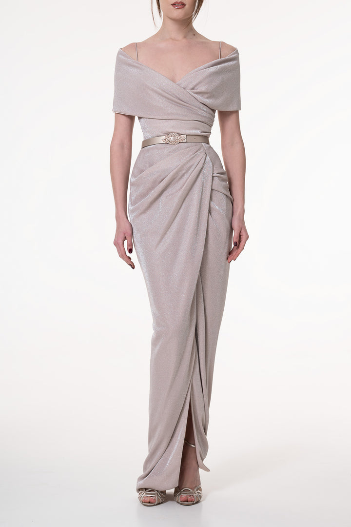 Levana Glitter Jersey Long Dress In Powder