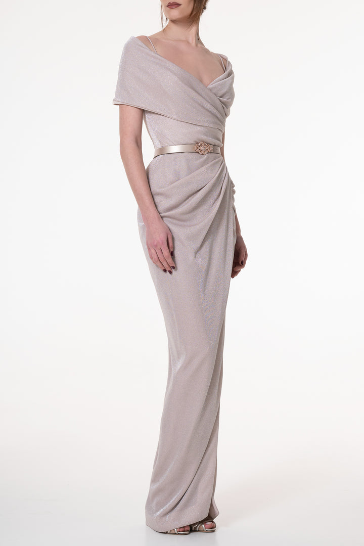 Levana Glitter Jersey Long Dress In Powder