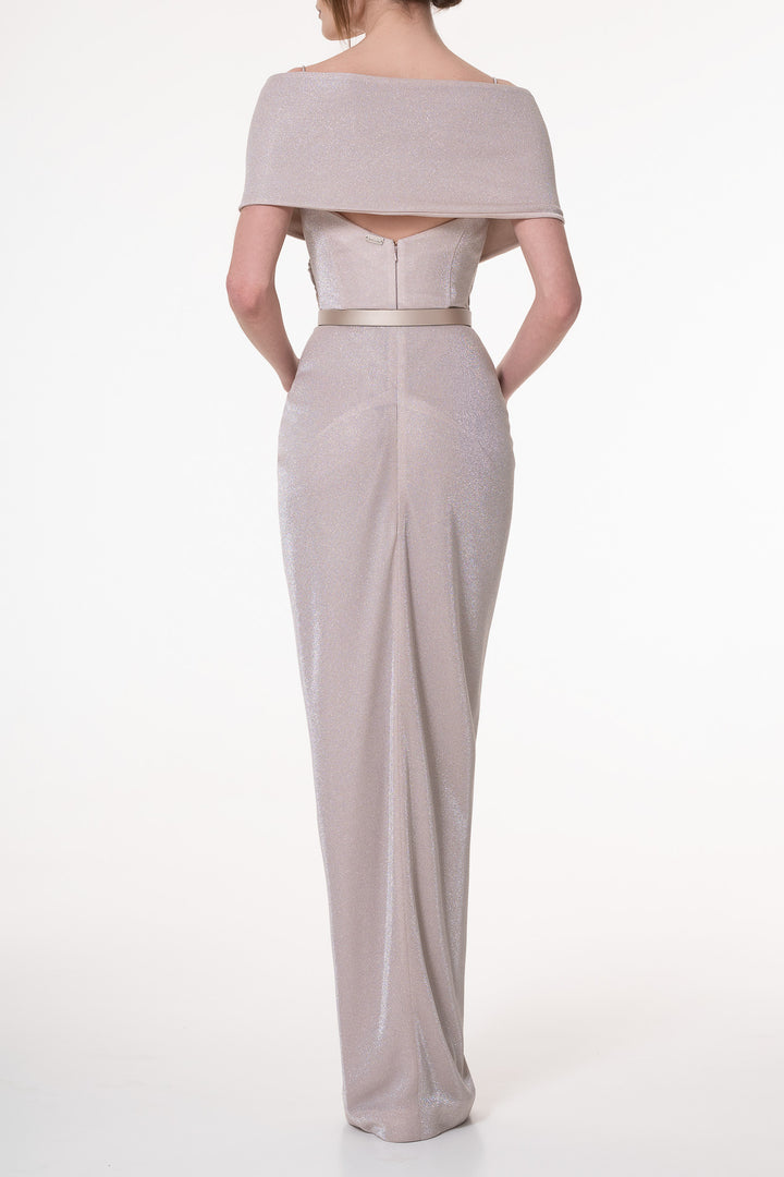 Levana Glitter Jersey Long Dress In Powder