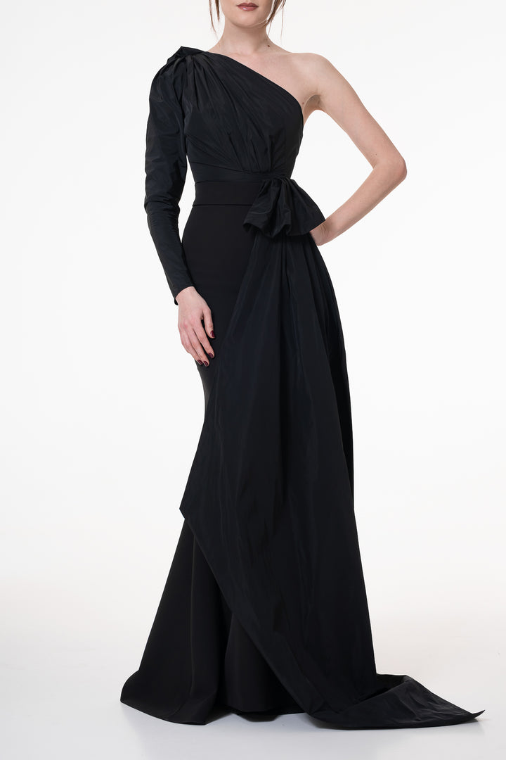 Thalia Crepe Taffeta Long Dress In Black