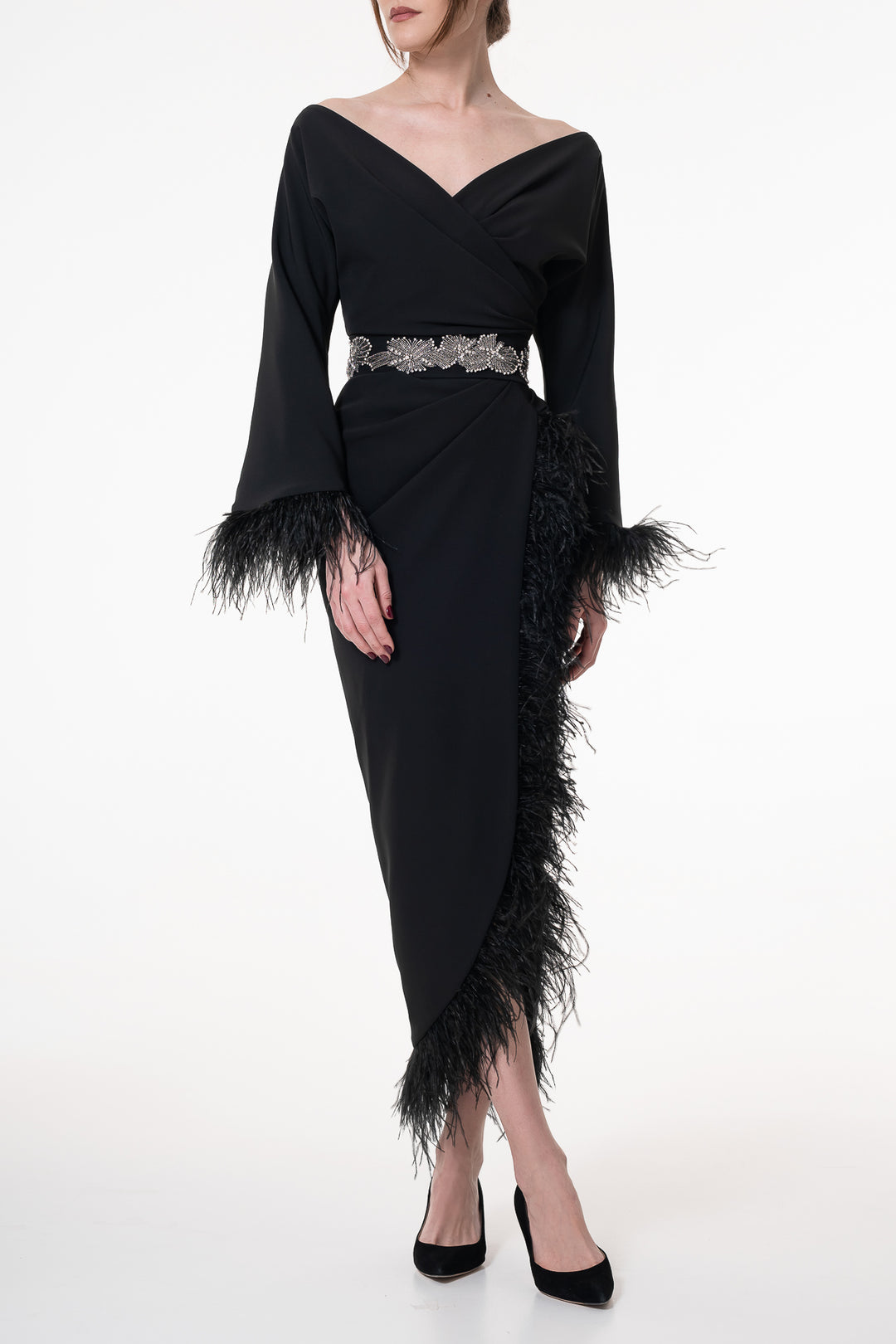 Mona Feathers-trimmed Crepe Ankle Length Dress In Black
