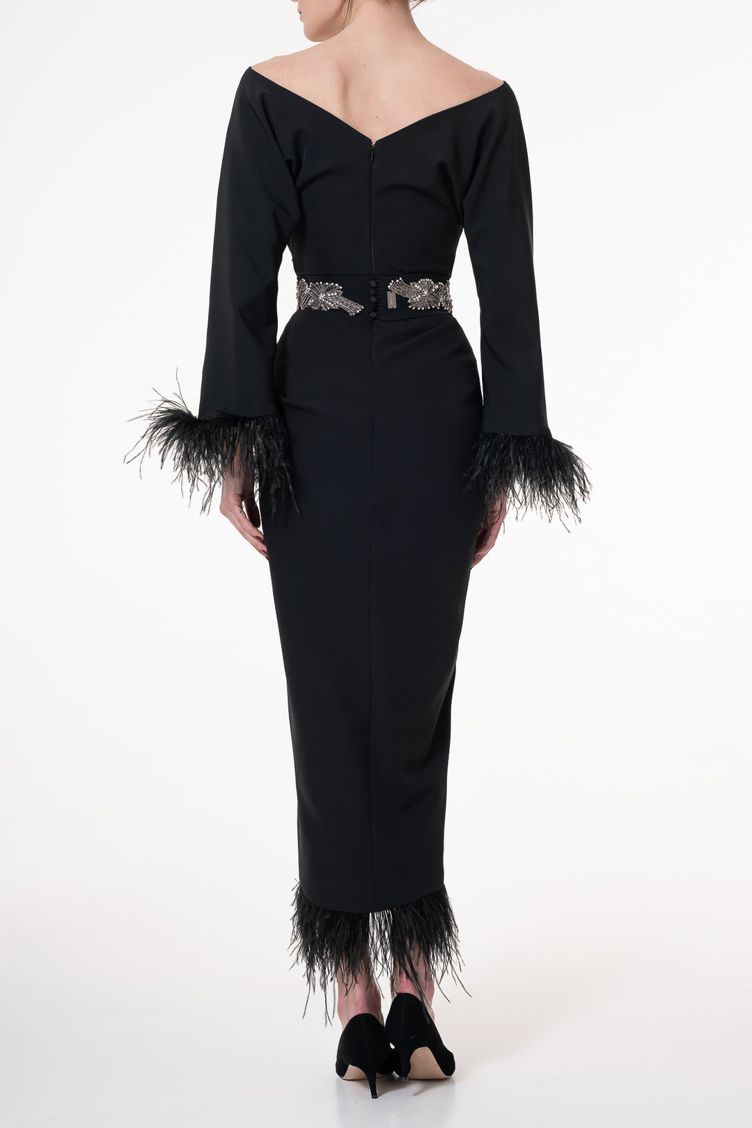 Mona Feathers-trimmed Crepe Ankle Length Dress In Black