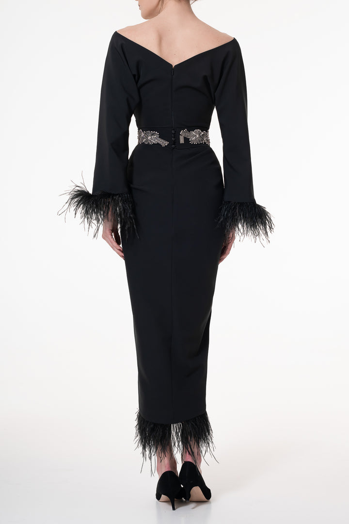 Mona Feathers-trimmed Crepe Ankle Length Dress In Black