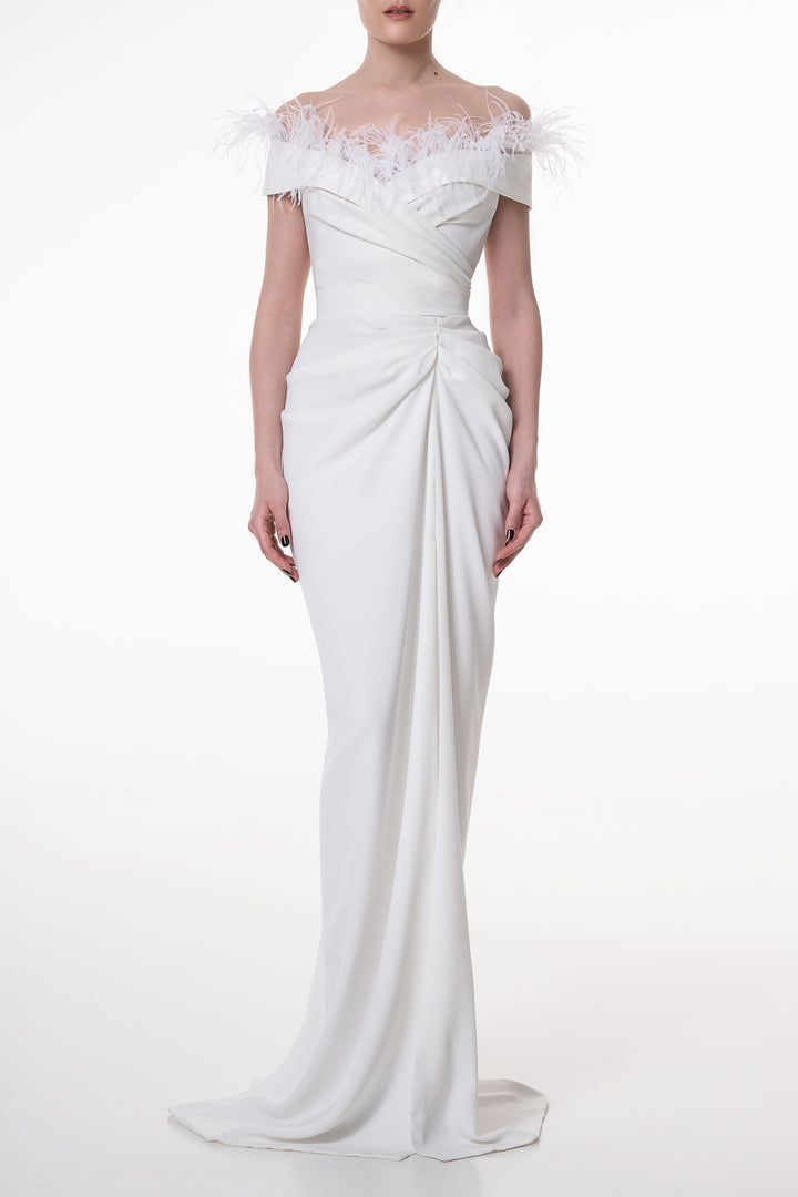 Athena Feather-Trimmed Crepe Long Dress In Ivory