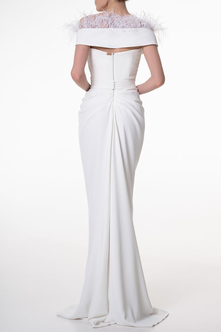 Athena Feather-Trimmed Crepe Long Dress In Ivory