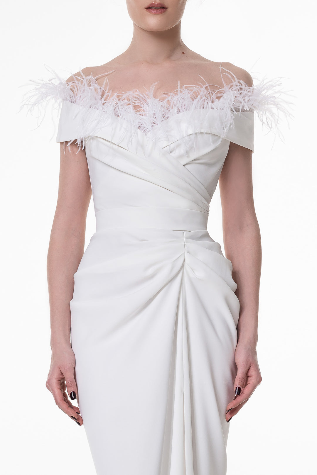 Athena Feather-Trimmed Crepe Long Dress In Ivory