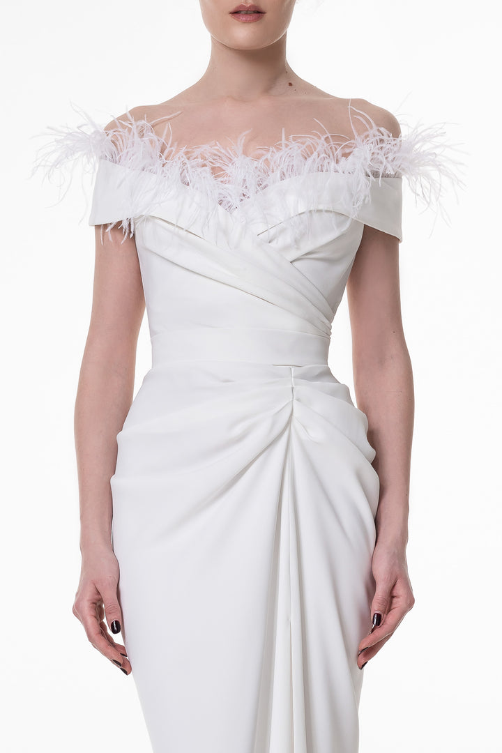 Athena Feather-Trimmed Crepe Long Dress In Ivory