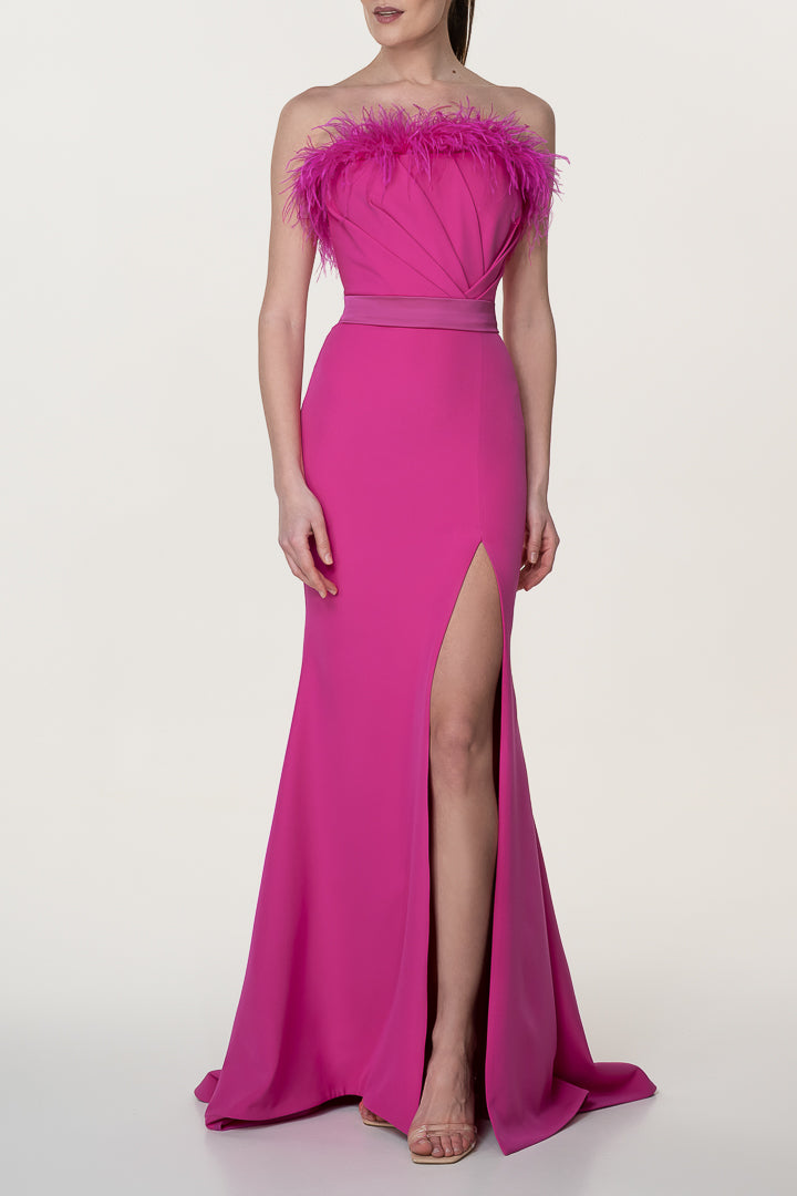 Lucy Feather Trimmed Crepe Dress In Hot-Pink