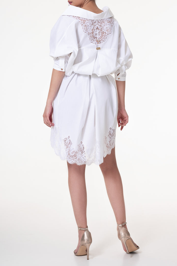 Gioia Lace Inserts Cotton Shirt Dress In White-Gold Buttons